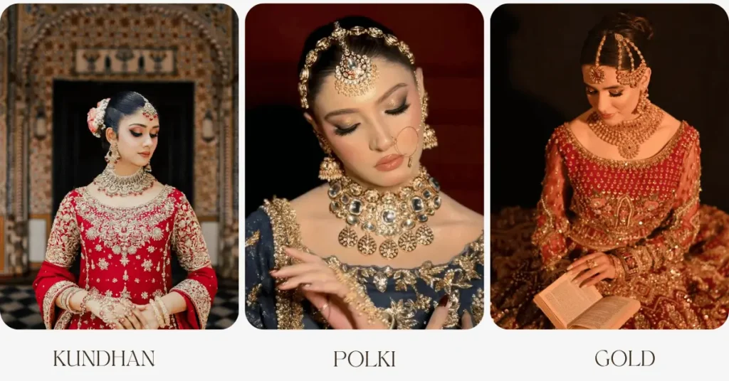 Kundan vs Polki vs Gold Bridal Set comparison featuring luxury bridal jewellery designs available online at Daas Jewellery Pakistan for weddings, bridal events, and worldwide delivery